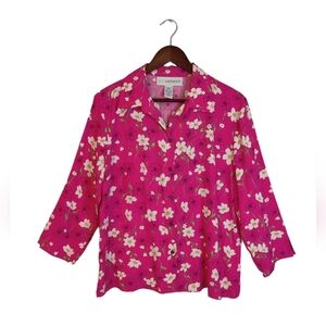 Sag Harbor 100% Hot Pink Floral Long Sleeve Collar Button Up Shirt Top Size 14